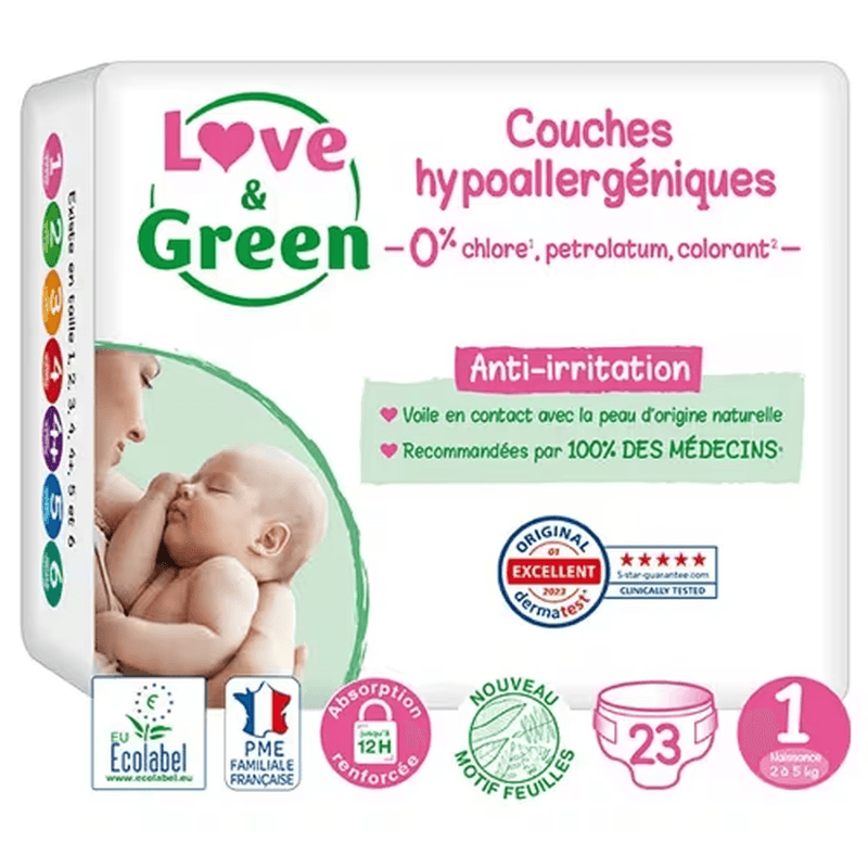 LOVE & GREEN Couches Hypoallergéniques Écologiques Taille 1 2-5kg - 23 couches
