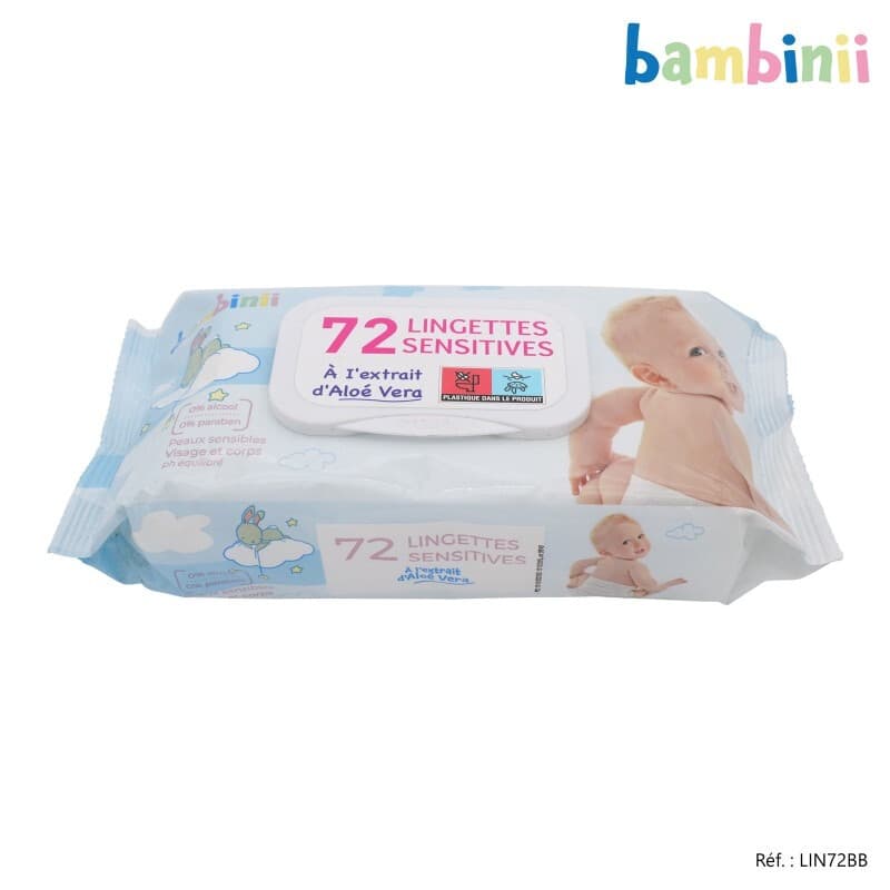 BAMBINII Lingettes sensibles à l'extrait d'aloe vera pour bébé - 72 unités