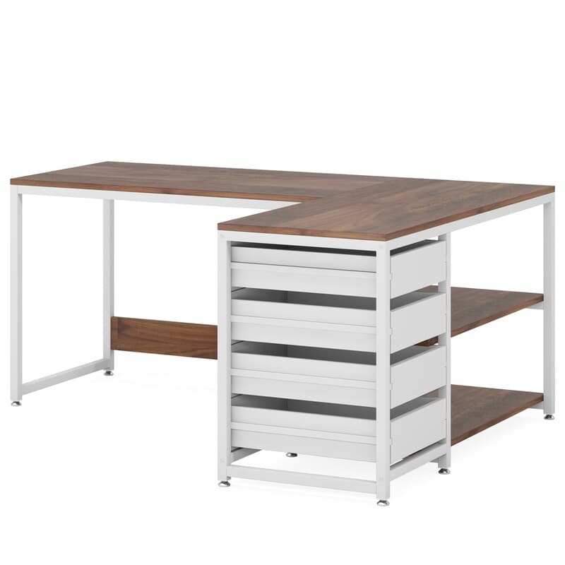LANTINE Bureau avec 4 tiroirs, Bureau d'ordinateur en L avec 2 étagères, Bureau d'angle réversible pour bureau, cabinet de travail, salon, 150 x
