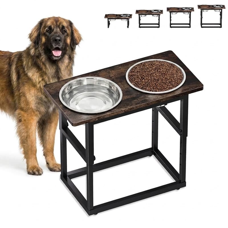 VVM Station de repas surélevée pour chiens de grandes et très grandes races 5 hauteurs réglables 2 gamelles en acier inoxydable, Marron