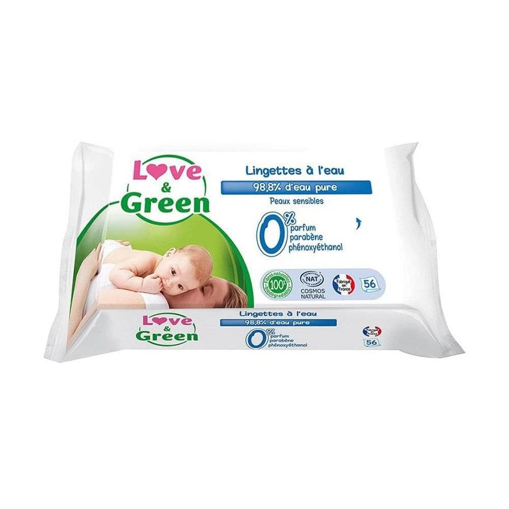Love&Green Toilette Bebe A L'eau 56 Lingettes Peaux Sensibles Peaux sensibles