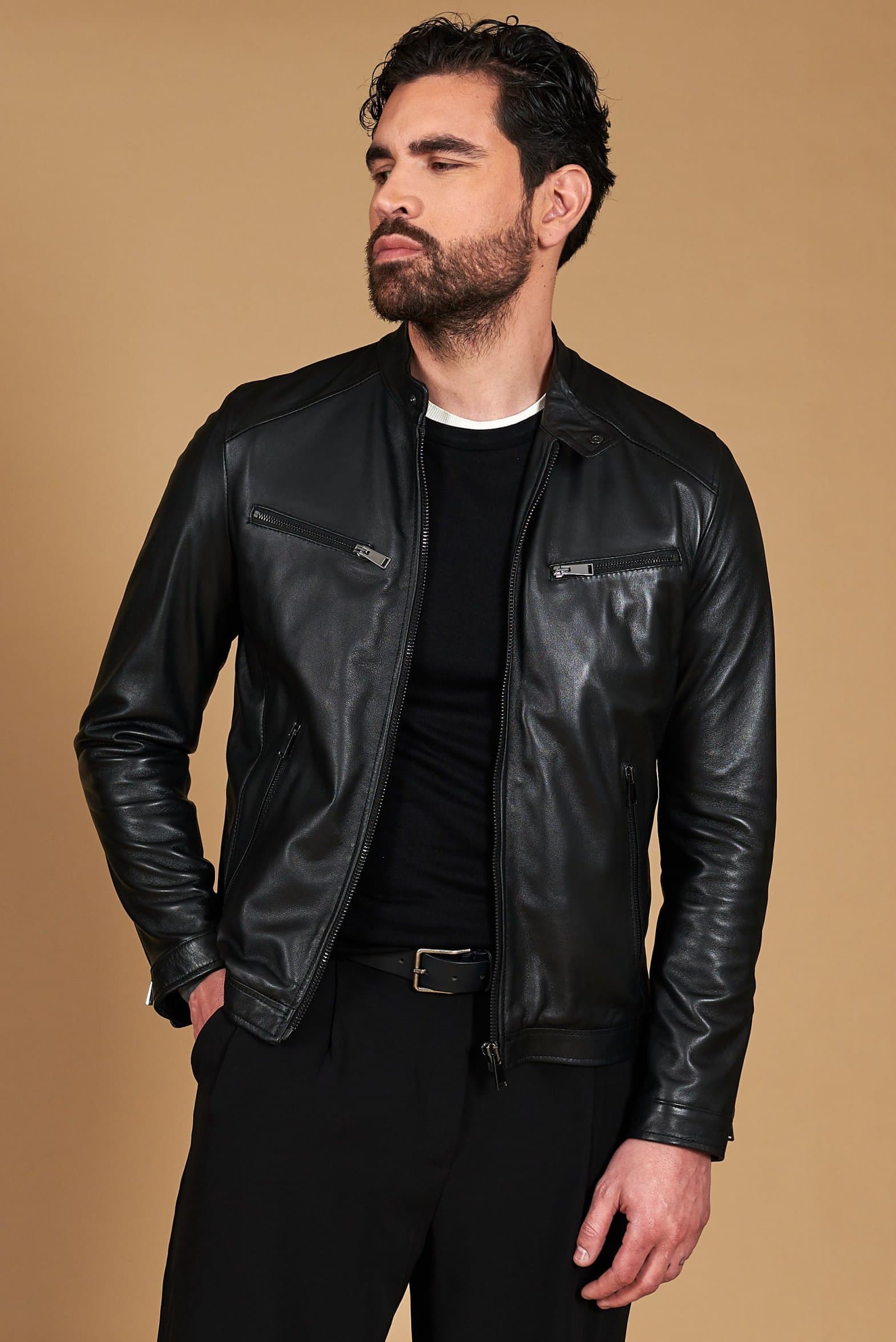 Blouson cuir noir quatre poches veste moto cuir plongé D'Arienzo, Taille 46/S, Couleur Noir